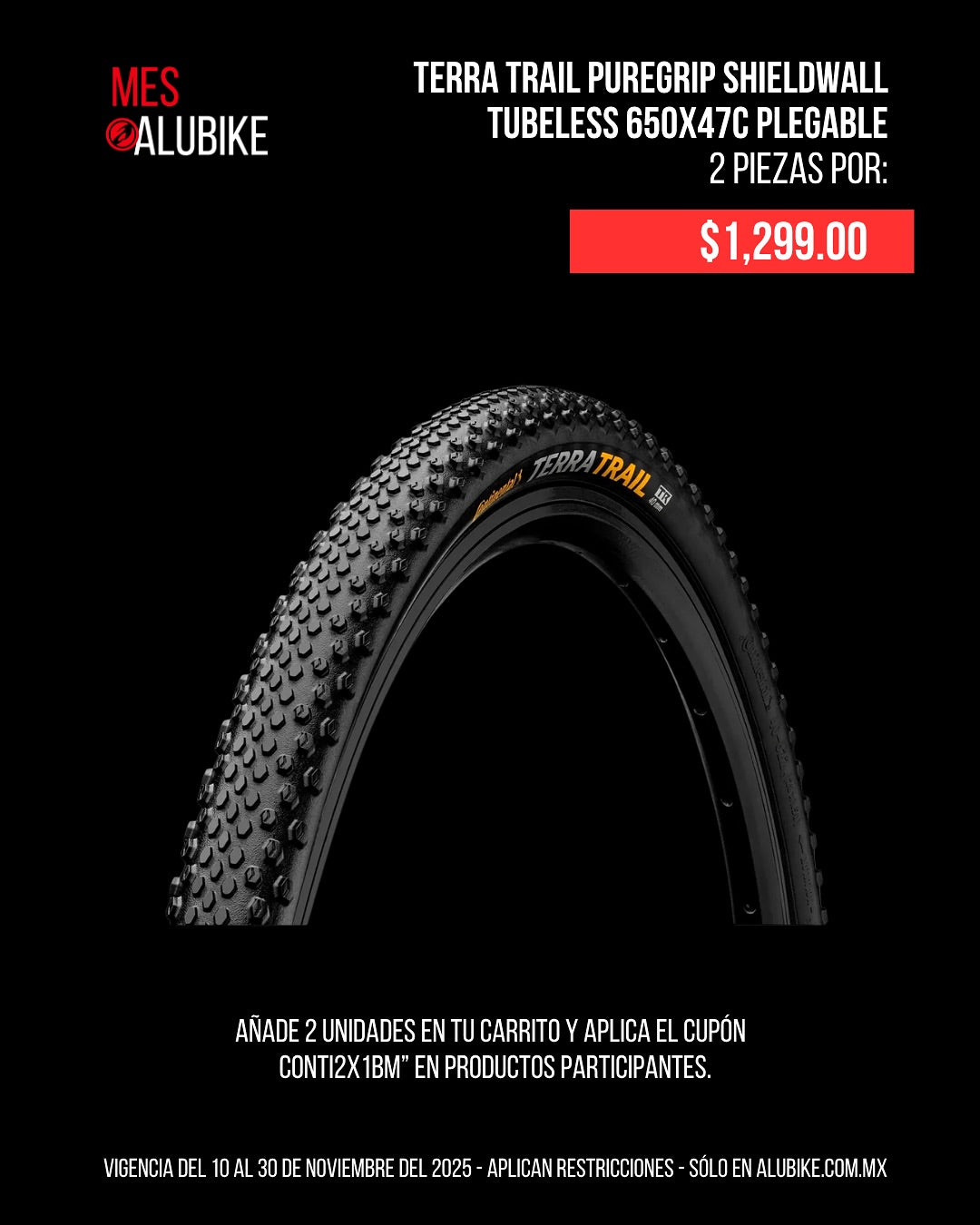 LLANTA CONTINENTAL TERRA TRAIL PUREGRIP SHIELDWALL TUBELESS 650X47C PLEGABLE